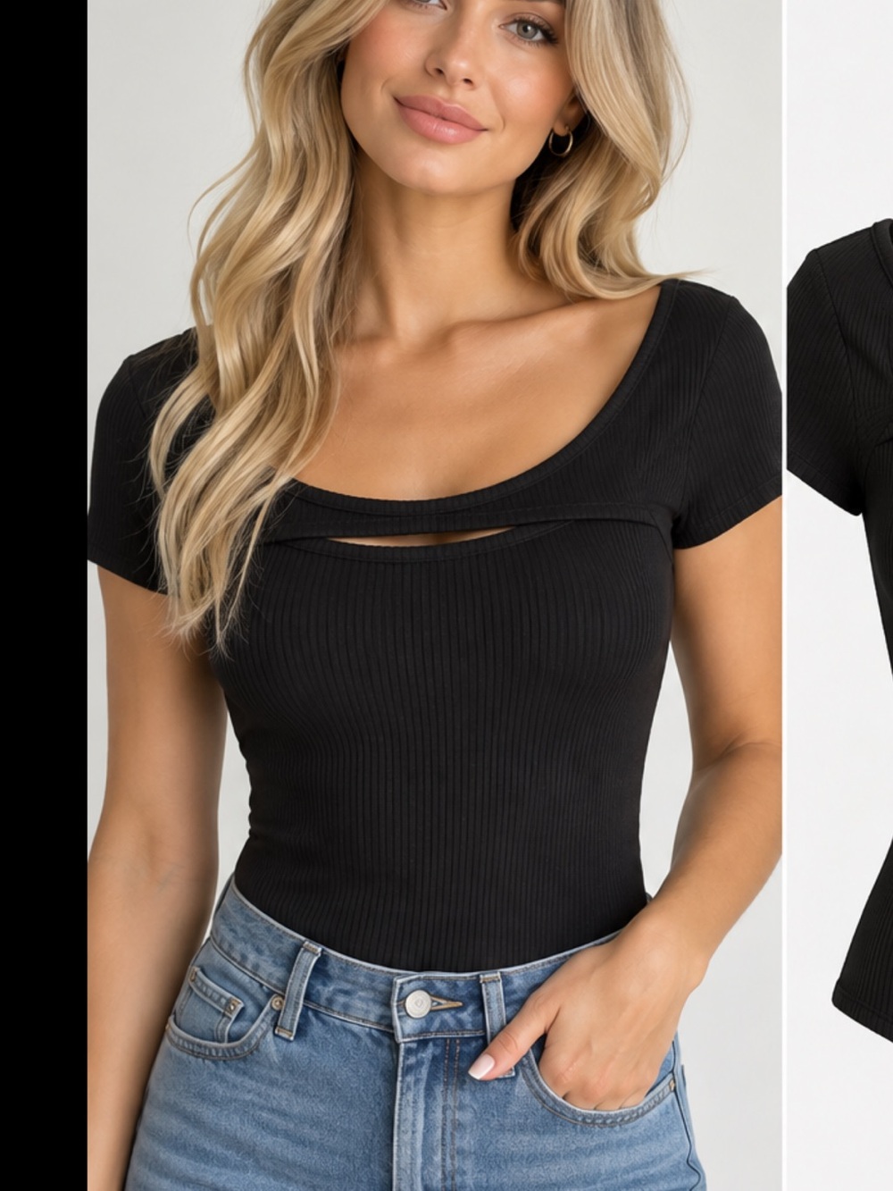AQUA Black Ribbed Bodysuit Short Sleeve Size M